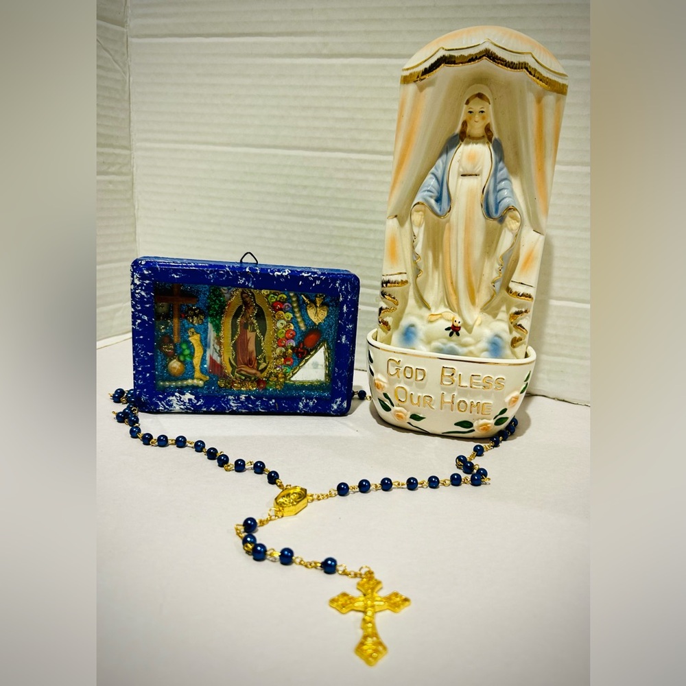 Vintage Lot: Mexican Folk Art, Virgin Mary Holy Water Font wall hanging, rosary